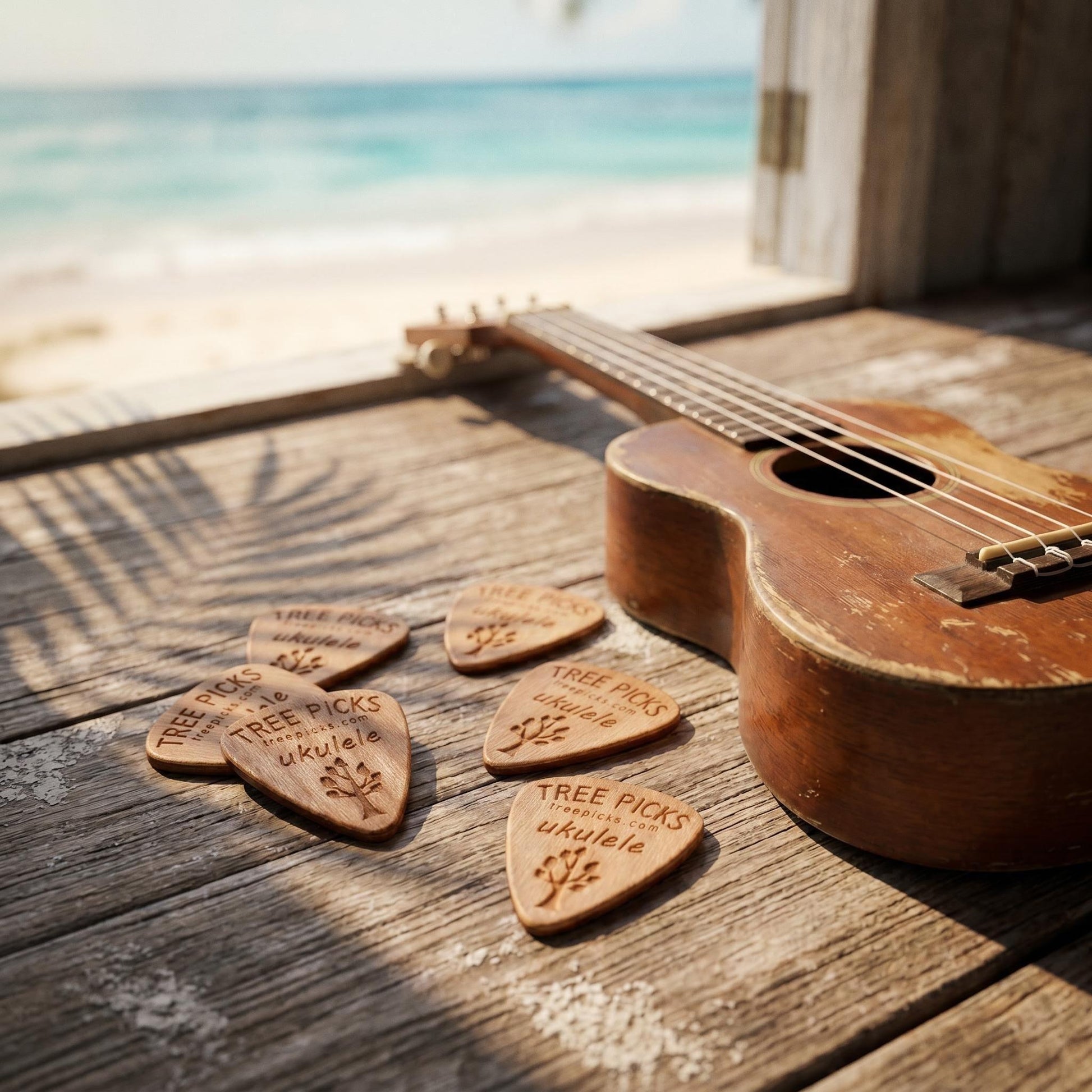 Wooden picks for ukulele players on a wooden surface with a beach in the background