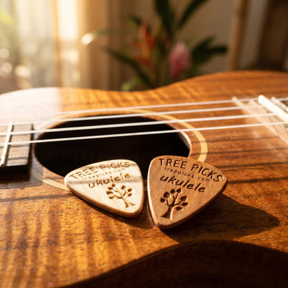 Two wooden ukulele Tree Picks on a ukulele with a blurred background