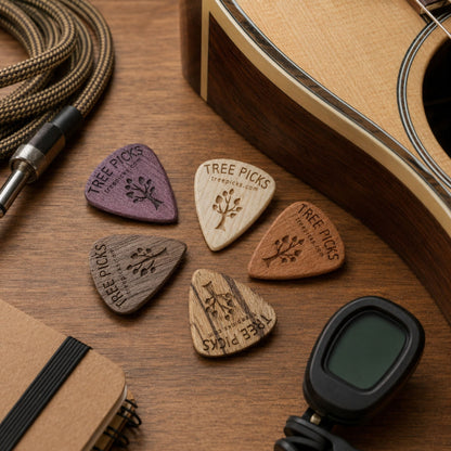 Wooden guitar picks with 'Tree Picks' branding on a wooden surface with a guitar and cable.