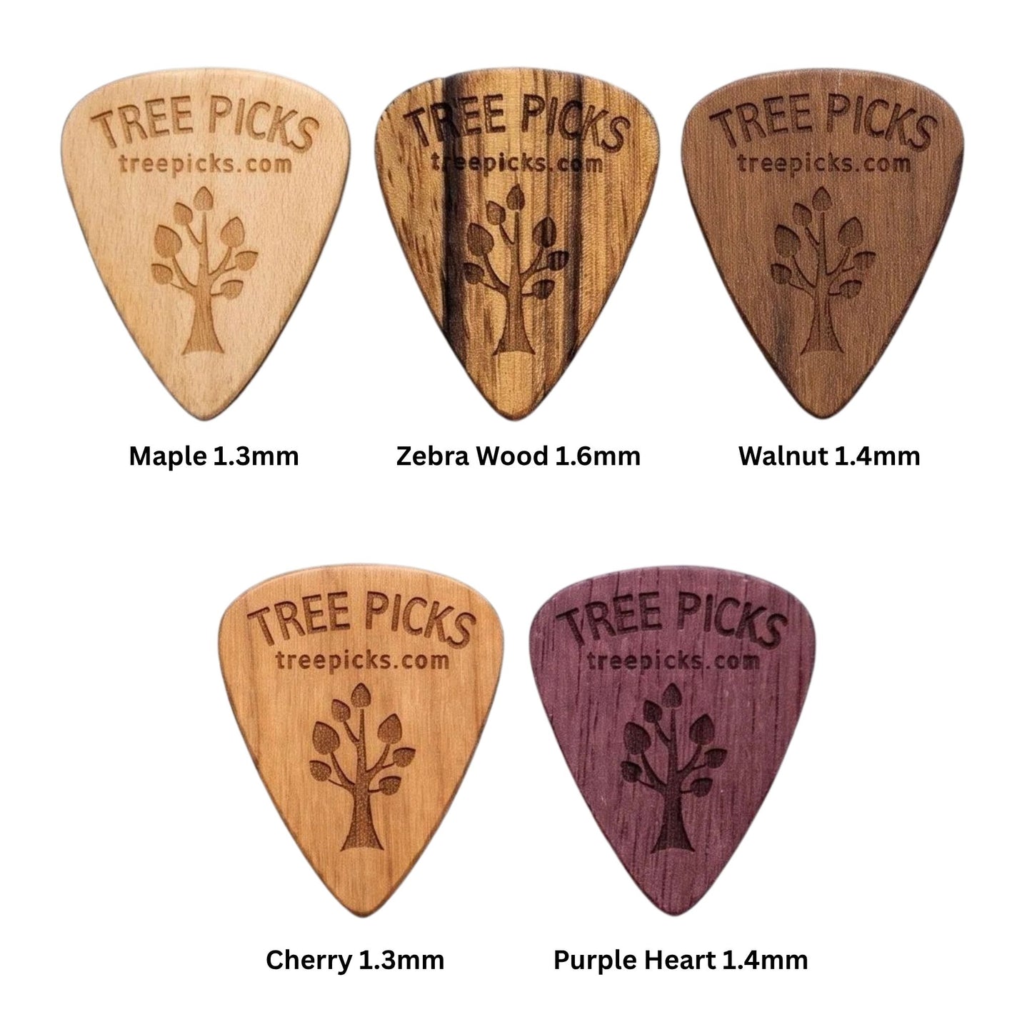 Set of five wooden guitar picks with different wood types and thicknesses, labeled 'Tree Picks'. Maple, cherry, zebra wood, walnut, purple heart